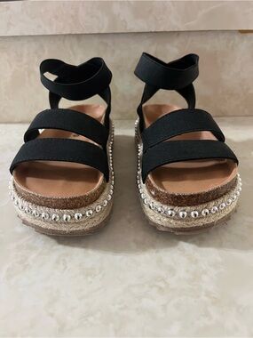 Girls’ Black Beaded Espadrille Platform Sandals